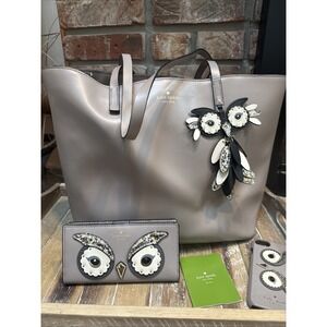 Kate Spade Owl Little Len Star Bright Leather Tote Shoulder Bag Lt Grey Wallet
